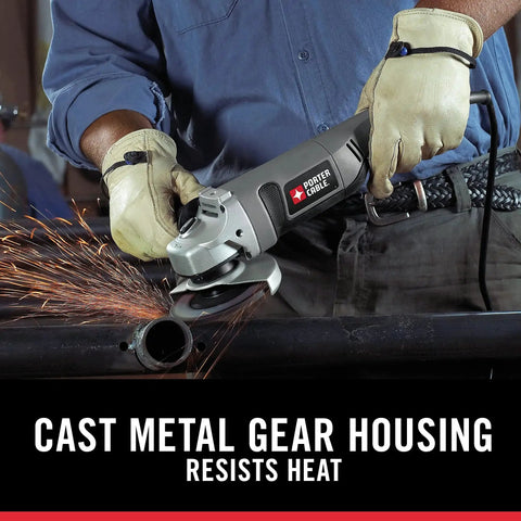 Person using Rugged 4-1/2 Inch 7.5 Amp Angle Grinder With Cast Metal Gear Housing And Soft Grip For Smooth, Controlled Grinding On Any Jobsite Delivers Pro Grade Power With A 3-Position Side Handle From Porter-Cable PC750AG on metal pipe.