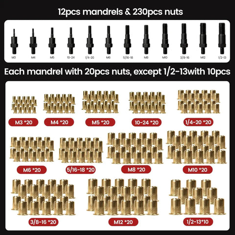 Rivet Nut Tool Kit With 16 Inch Heavy Duty Rivet Nut Tool 12 Mandrels Metric And SAE 230 Nuts Display