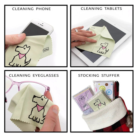 Microfiber Cleaning Cloths 10 Pack For Screens Eyeglasses And Phones Dog Design in use on phone, tablet, glasses, stocking stuffer.