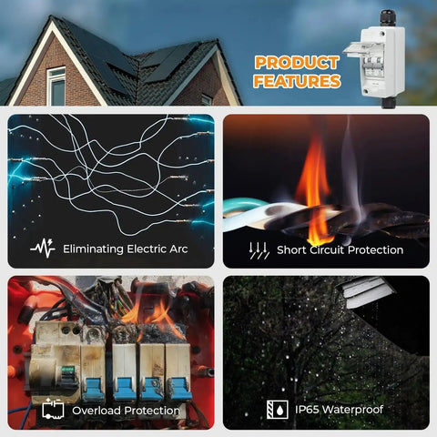 Image illustrating features of 40Amp 550V DC Solar Panel Disconnect Switch for Solar PV Homes, including protection and waterproof capabilities