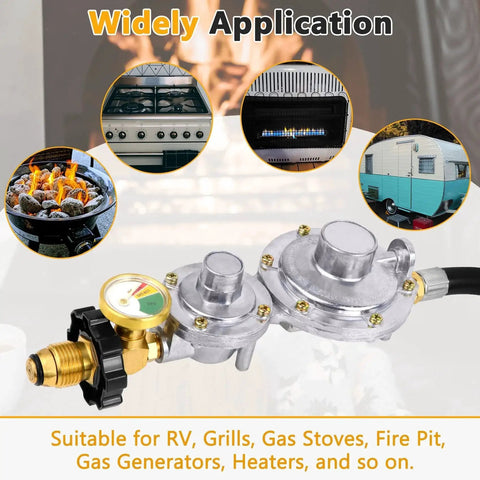 Two Stage Propane Regulator With Five Foot Hose And Gauge POL Tank Connection, shown with fire pit and stove applications
