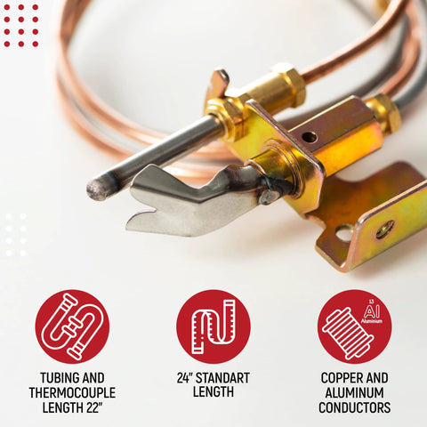 Gas water heater pilot assembly with copper tubing and brass fittings; 24 in standard length.