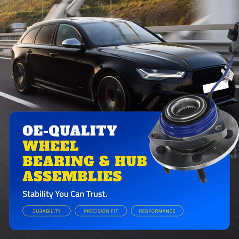 Single Front or Rear Wheel Hub & Bearing Assembly for Chevrolet Impala with ABS grommet and rust-resistant studs in a promotional ad