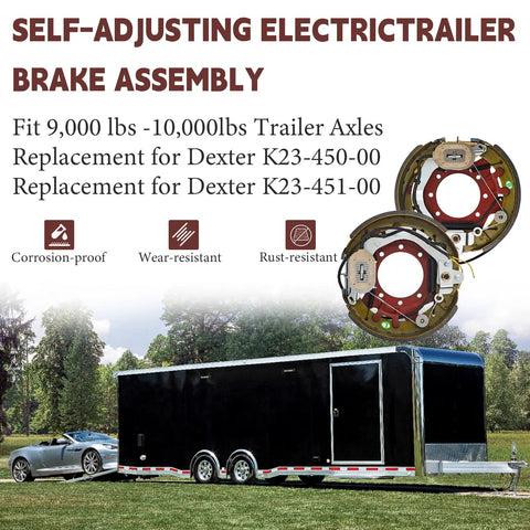 Front view electric trailer brake assembly pair with red backing plates for Dexter 9k–10k lb axles