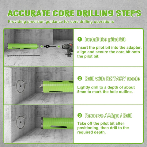 Installation steps for using Two And A Half Inch Dry Core Drill Bit With Pilot Bit And Dual Adapters For SDS Plus And Hex Five Eighth Eleven Threaded Diamond Core Bit For Concrete Brick And Masonry Ten Inch Drilling Depth By Betteri