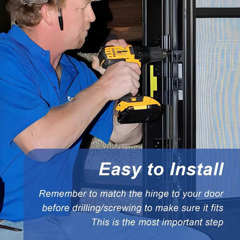 Person installing 2 Pack Lippert Compatible Trailer Door Hinge RV Entry Door Friction Hinge Assembly using a drill.