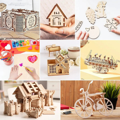 Variety of crafted items made from basswood sheets including models, cutouts, and decorations.