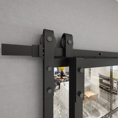 Sliding Barn Door Hardware Kit For Bypass Double Doors With Side Mounted Rails, 400cm Track installed on wall