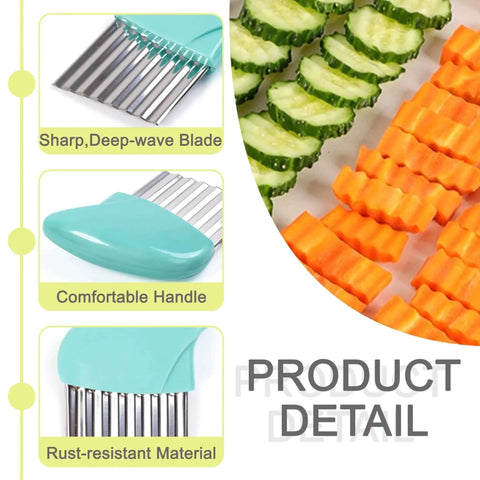 Detail of Two Pack Crinkle Cutter Set For Veggies And Chips Stainless Steel Wavy Cutter with green handle, showing wave-cut veggies.