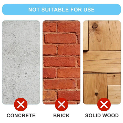 Image showing surfaces not suitable for Hollow Wall Anchors And Screws Kit with 50 Butterfly Expansion Plugs: concrete, brick, solid wood.