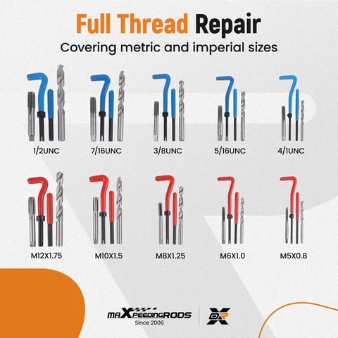 320 Piece Helicoil Thread Repair Kit With Metric And SAE Thread Restorer Set showing metric and imperial sizes
