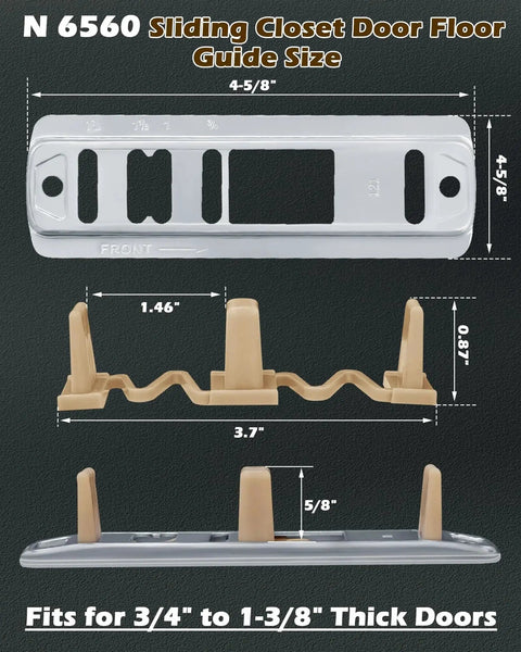 Sliding Closet Door Floor Guide Kit Compatible With Prime-Line N 6560, stamped steel base, adjustable brown nylon tips, 8 pieces, fits doors 0.75-1.375 inches