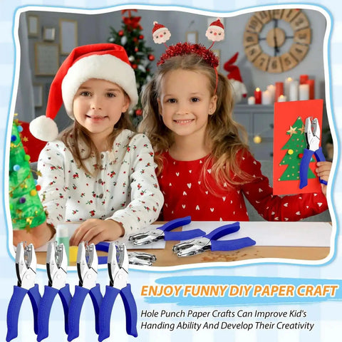 Two children using Four Pack Shape Hole Punch Set With Soft Grip For Binder Scrapbooking And Cards No Boring Holes in a holiday setting