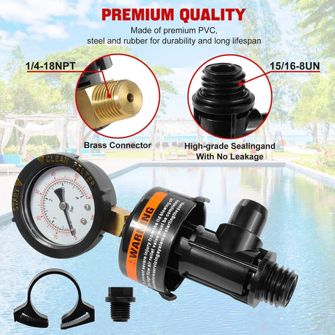 Manual air relief valve assembly with pool filter gauge; brass 1/4-18NPT connector and black sealing fittings
