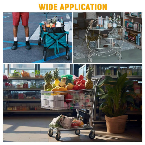 Shopping Cart Wheels Replacement Set 5 Inch TPU Casters for retail stores and supermarkets with 4 pack and locking nuts displayed in use