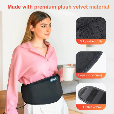 Woman using Plug In Back Heating Pad With Vibration Massager Low Heat And Auto Shut Off Heated Waist Belt for lower back pain relief