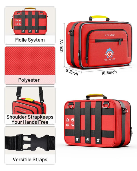 Red 500 Piece First Aid Kit For Car Home Travel Camping Dorms Waterproof Trauma Medical Kit with straps and dimensions