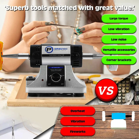 Jewelry Polisher And Buffing Machine With Adjustable Variable Speed Bench Grinder, Lightweight, tabletop with accessories visible.