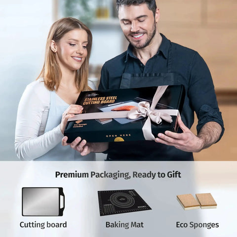Large 16 By 11 Inch Stainless Steel Cutting Board Set Double Sided With A Stainless Meat Surface And Wheat Straw Produce Surface Dishwasher Safe Kitchen Essential And Perfect Housewarming Gift For New Home Or First Apartment Cooking displayed in premium packaging
