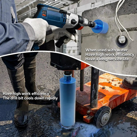 Heavy Duty 3 Inch Wet Diamond Core Drill Bits For Concrete With Rebar Brick Block And Masonry HBKEEN 15 Inch Drilling Depth One Quarter To Seven Inch Thread Laser Welded Segments For Construction And DIY Renovation in action, drilling into concrete.