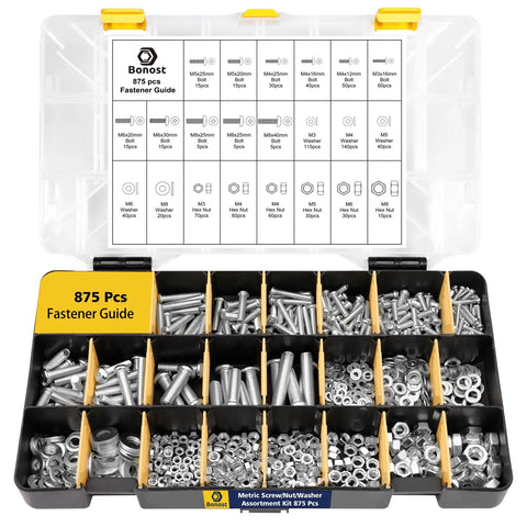 Open case showing 875 pcs hardware assortment kit with compartments for various bolts, nuts, and washers, alongside a fastener guide.