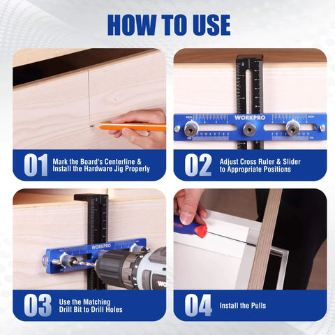 Instructions for using Aluminum Cabinet Hardware Jig With 4mm Drill Guide for knobs pulls and drawer handles on cabinets.