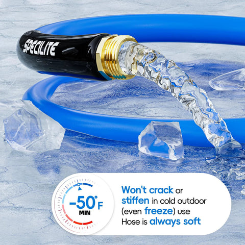 SPECILITE blue rubber garden hose with brass fittings spraying water