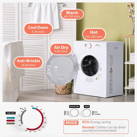 Compact 1.8 Cu Ft Portable Clothes Dryer With Exhaust Duct And Stainless Liner shown open with drying modes displayed