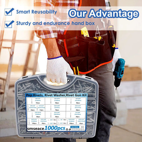 All In One Pop Rivet Kit With 1001 Pieces Rivets And Stainless Washers In Portable Toolbox for repairs, held by hand
