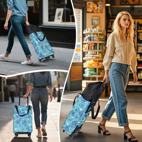 Woman using Collapsible Shopping Cart With Wheels Expandable Portable Waterproof Tote for market and grocery runs in city