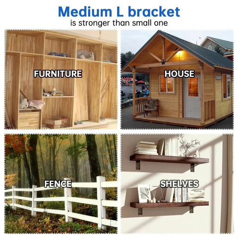 Beefy Galvanized L Brackets 1.5 By 3 By 3 Inch Eight Pack for Shelves and Furniture shown supporting furniture, house, fence, shelves.