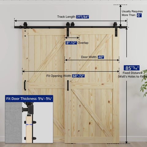 Double 40x84 Inch Bypass Barn Door With 7 Ft Track Hardware Kit Included, Unfinished Solid Wood, Easy DIY Assembly, installed view.