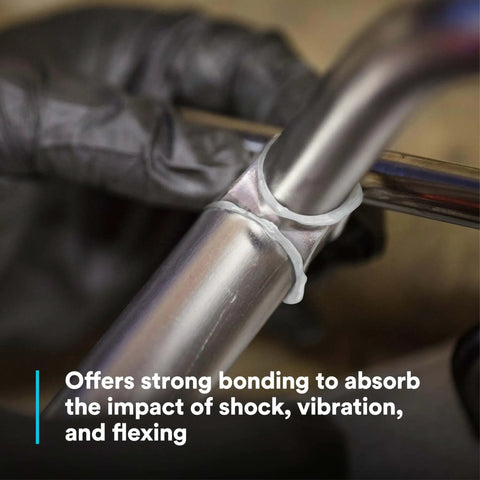 DP190 Epoxy Adhesive Translucent Duo Pak 200 mL applied on metal tube for high strength bonds across metals, showcasing flexibility.
