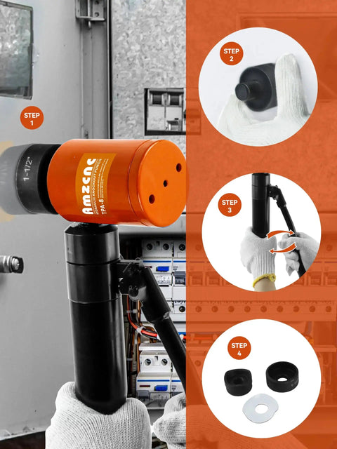 Heavy Duty Hydraulic Knockout Hole Punch Kit 1/2 To 2 Inch with rotating head in use on metal electrical box