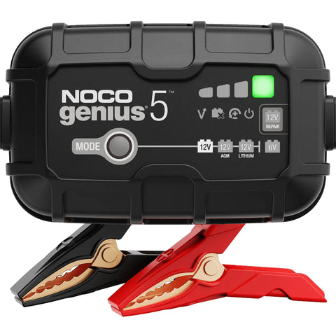Smart Battery Charger And Maintainer All In One For 6V And 12V Lead Acid And Lithium Batteries, 5 Amp Auto Desulfator, Trickle Charge, Overcharge Protection, And Temperature Compensation By NOCO, front view showing battery clamps.