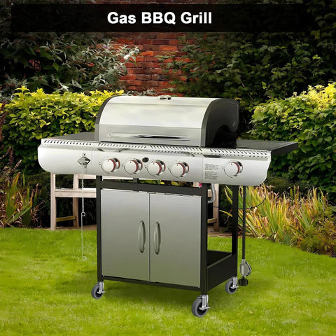 Outdoor gas BBQ grill with stainless steel burners and side shelves on a green lawn, surrounded by a brick wall and shrubbery.