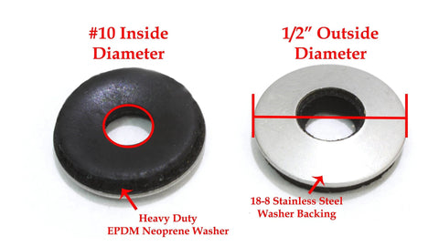 Washer pair: black EPDM neoprene sealing washer with #10 ID and silver 1/2 in OD stainless steel washer backing