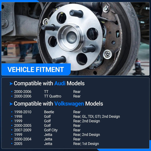 Audi Rear Wheel Bearing And Hub Assembly Set Of 2 With ABS 5 Lug Ready To Roll Replacement Fits TT 2000-2006 close-up view