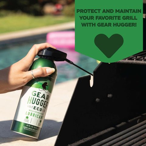 Hand applying Gear Hugger eco-friendly lubricant to a black metal grill with text promoting maintenance benefits.