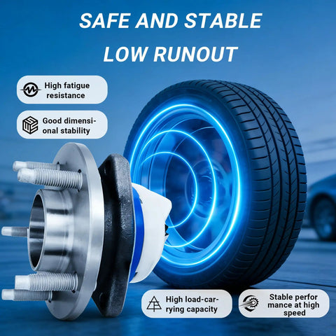 Rear Wheel Bearing Hub Assembly 512217 Compatible With Pontiac Vibe Scion Tc Toyota Celica Corolla Matrix Prius Premium Replacement With High Strength GCr15 Bearing Hub For Durable Performance visible next to a glowing tire with stability icons.