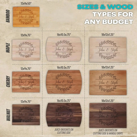 Custom Engraved Wooden Cutting Board Personalized For Weddings Anniversaries Birthdays And Mothers Day Gift In Maple Cherry Walnut Or Bamboo With Juice Grooves Handles And Available In Small Medium And Large Sizes For Home Chefs And Entertaining displaying various size and wood options.