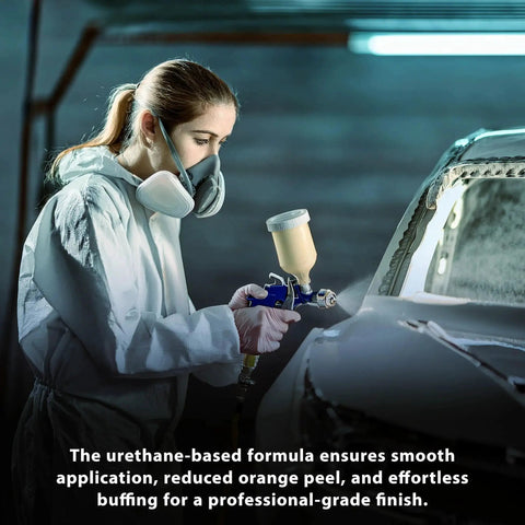 Person using spray gun for car painting with 1.25 Quarts 2K Urethane Clear Coat Kit With 4 To 1 Hardener For Gloss Refinish