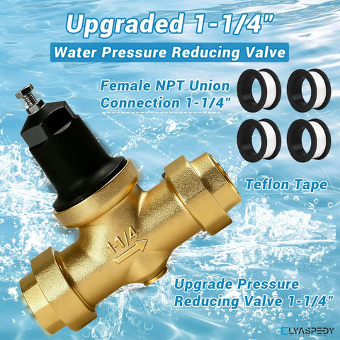 Brass 1-1/4 inch NR3XL water pressure reducing valve with female NPT union connection; includes Teflon tape.