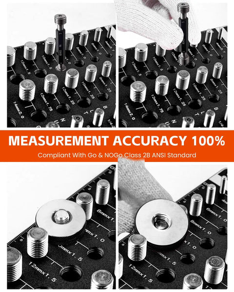 Bolt Size Finder And Thread Gauge Kit Kinok 42 Thread Checker showing four close-up images of bolt sizes and go/no-go checks.