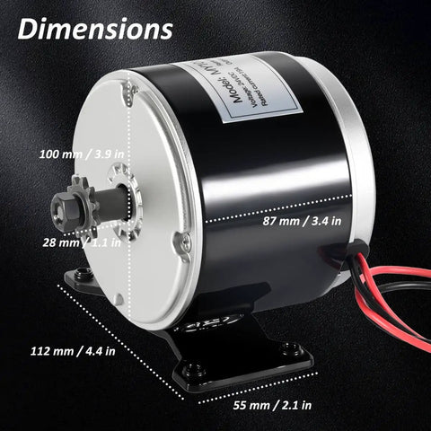350W 24V Brushed DC Motor For Electric Scooters And DIY Projects Delivers 2750 RPM Speed, side view, showing size dimensions.