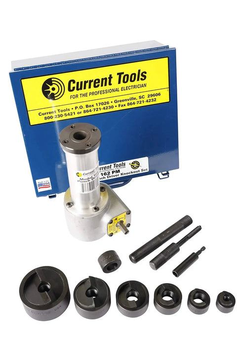 Punch Driver Knockout Set for Drill Driven Holemaking with durable punches, dies, and storage case for up to 2 inch conduit in 10 gauge steel.