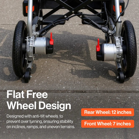 GoRide electric wheelchair with dual brushless motors; rear 12-inch drive wheels, front 7-inch casters