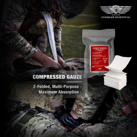 Emergency Trauma Kit With CAT Gen 7 Tourniquet And 36 Inch Splint For Outdoor Adventures Camping Hiking And Survival IFAK Military Combat Tactical First Aid Gear For Critical Wounds And Severe Bleeding Control Black, showing compressed gauze in military use.