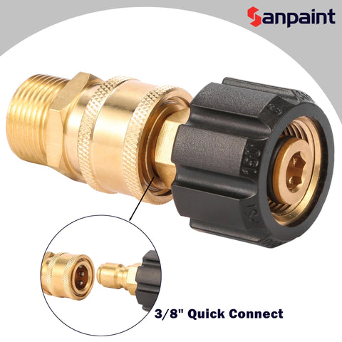 Sanpaint brass pressure washer quick-connect fittings with black collar, M22 14mm to 3/8 inch, two-piece kit