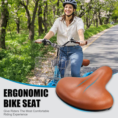 Person riding a Foldable Cruiser Bike 26 Inch 7 Speed for Adults Men and Women with ergonomic seat, blue bike in a park setting, with a close-up of the brown seat.